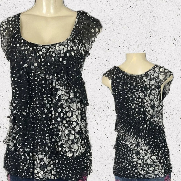 Apt 9 L Black Floral Print Lined Layered Ruffles Scoop Neck Sleeveless Blouse - Picture 1 of 6